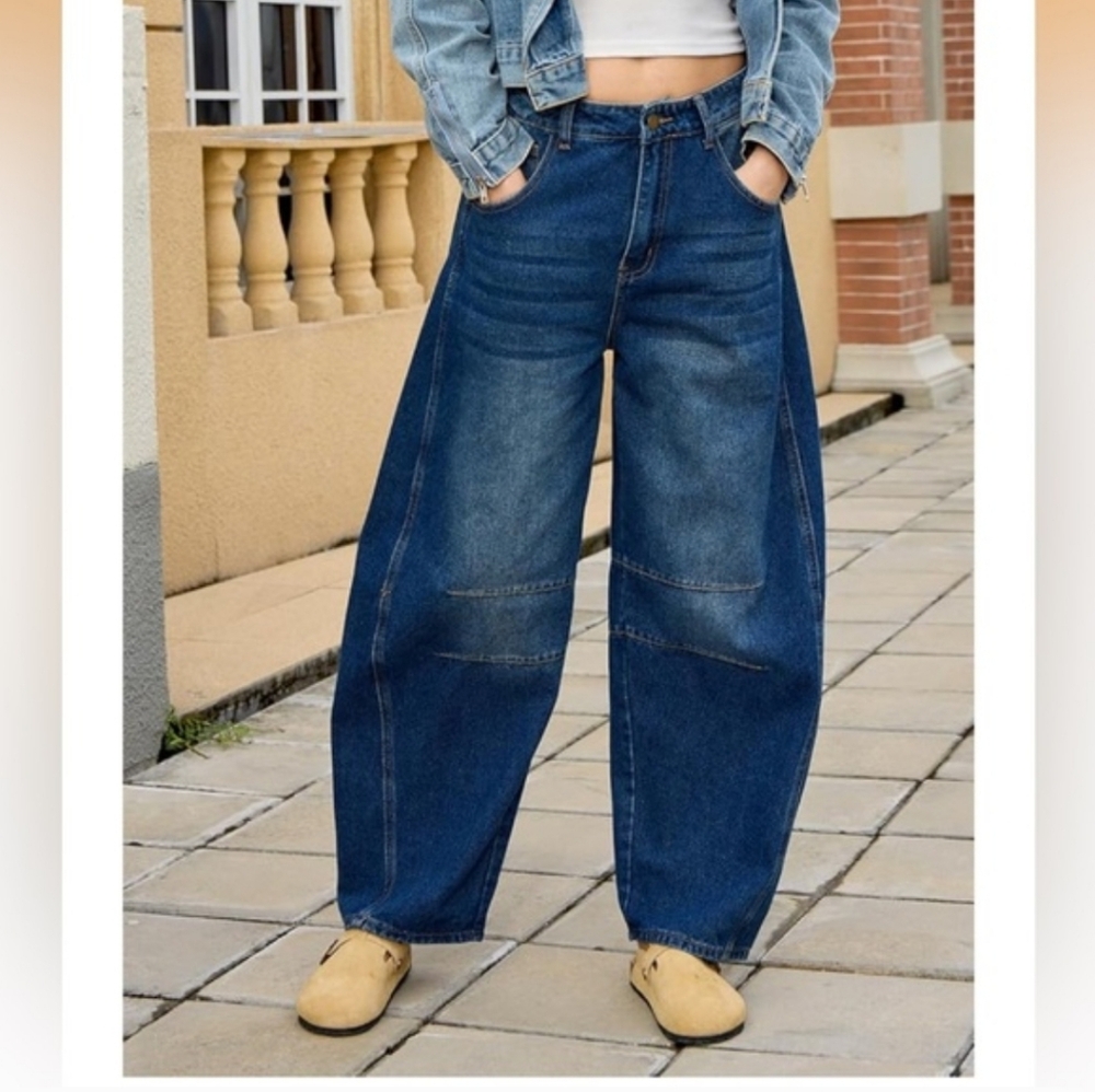 HUNGSON Women's Barrel Jeans Wide Leg Mid Rise Loose Y2k Baggy Jeans Denim NWT